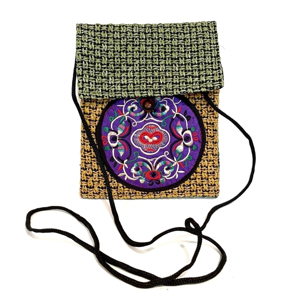 Woven Crossbody Shoulder Bag Purse Chinese Embroidery Green Yellow Purple Pocket